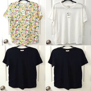 4-pack NWT Style & Co Macy's Floral White Black Cotton Pocket Crew Neck Tees L